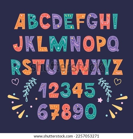 Kids Cute doodle font. Childish festive English alphabet. Letters from A to Z and numbers from 0 to 9.	 Foto stock © 