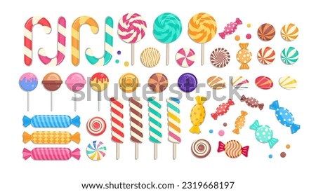 Sweet Candies Big Vector Collection. Set of Sweets, Candies, Lollipops, Gumballs, Sugar Caramel, and Twisted Marshmallows.