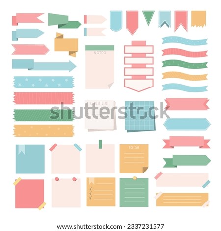 Notes Sheets and Stickers Collection. Scrapbooking Design Elements. Ribbons, Reminders and Bookmarks Set.