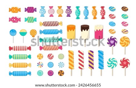 Candies and Sweets Vector Collection. Set of Colorful Candies, Lollipops, Sugar Caramel, and Twisted Marshmallows.