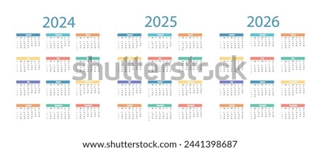 Simple Calendar 2024, 2025, 2026. Week Starts on Sunday. Stationary Template with 12 Months.