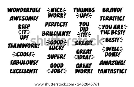 Good Work, Well Done Complement Phrases Set. Motivational Inspirational Quotes for Work. Teamwork, Amazing, Perfect, Good Luck, Fabulous, Great Idea Slogan Word.