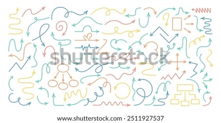 Hand Drawn Editable Stroke Arrows Collection. Colorful Thin Winding Line Pointers. Outline Arrows Big Set.