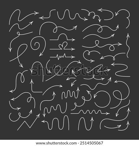 Arrows Hand Drawn Editable Stroke. Thin Winding Outline Pointers. Editable Curly Lines Set.