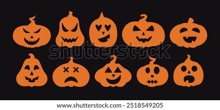 Halloween Pumpkins with Spooky Faces Set. Jack O Lantern Collection. Scary Design Elements for 31 October. Spooky, Scary and Funny Emotions for Pumpkin Characters Bundle.