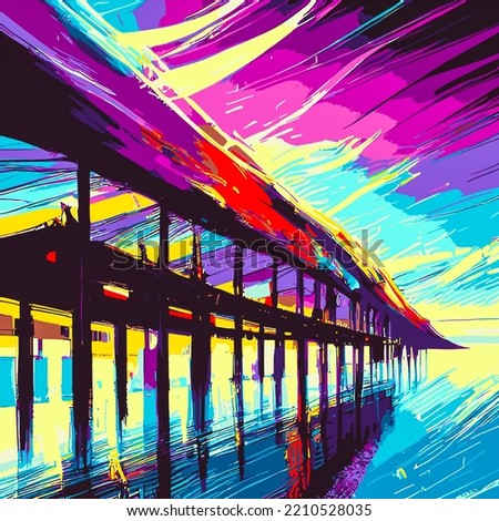 Bridge over the sea with brush stroke painting. Watercolor art background vector. Wallpaper design with paint brush and purple line art