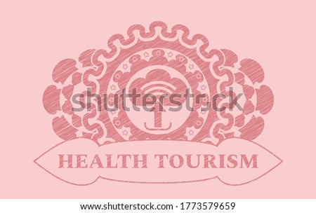 upload icon and health tourism text Pink stroke badge. Rose color chic background. Illustration. 