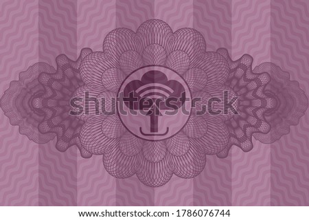 Linear decoration upload icon inside pink wavy emblem. Curve luxurious background. Artistic illustration. 