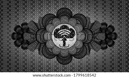 Currency decoration upload icon inside black abstract realistic badge. Pattern fancy background. Intense illustration. 