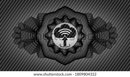 Currency decoration upload icon inside carbon fiber emblem. Polymer texture luxurious background. Intense illustration. 