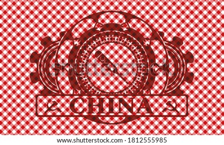 digital thermometer icon and China text red checkered tablecloth realistic badge. Restaurant fashionable background. Intense illustration. 