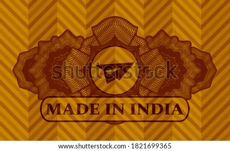 Linear decoration paper plane icon and Made in India text abstract orange color realistic emblem. Geometric fashionable background. Illustration. 