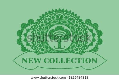 upload icon and New collection text Green stroke badge. Eco handsome background. Intense illustration. 