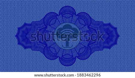 Currency decoration upload icon inside blue color japanese pattern realistic emblem. Geometric luxurious background. Vector illustration. 
