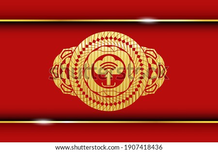 upload icon inside Gold and Red emblem. Traditional delicate background. Artistic illustration. 