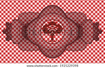 Linear currency decoration upload icon inside red checkered tablecloth badge. Restaurant exquisite background. Vector illustration. 