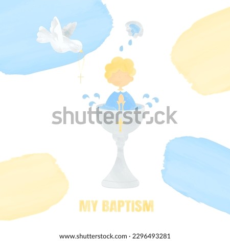 Christening of a Baby in Festive Attire Sitting in a Baptismal Font with Holy Water Pouring from a Shell onto the Head and a Dove Flying with a Cross in its Beak Watercolor Illustration