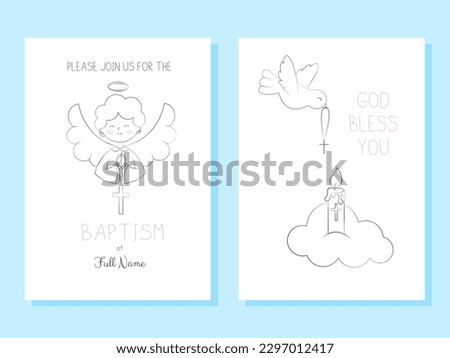 Set of Templates Invitations for Baptism Day Cute Angel Boy Holds a Cross and Dove Peace with Cross Simple Doodle Vector Illustration