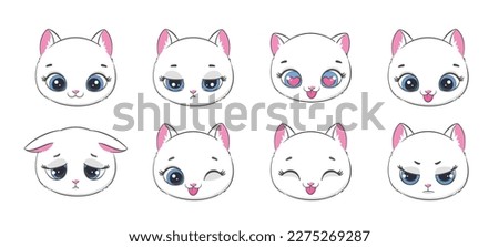 Set of funny cartoon white cats isolated on white. Vector illustration.