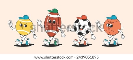 Tennis, football, basketball and rugby balls in groovy style. Characters from the 30s. Funny colorful illustration in hippie style.