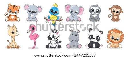 Set of cute cartoon funny animals tiger, koala, parrot, elephant, sloth, monkey, giraffe, flamingo, zebra, hippo, panda, lion. Baby characters on a white background.