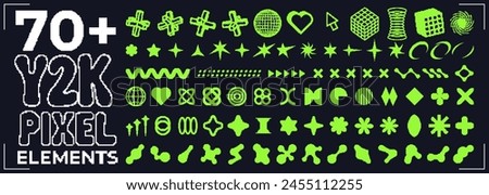 Set of pixelated y2k style shapes with heart, globe. Pixel art abstract figures collection. Retro futuristic elements in 8 bit style