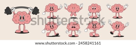 Retro cartoon collection of a funny brain. Trendy groovy characters. Vector illustration