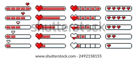 Pixel game life bar with heart for animation. 8-bit progress bar for game assets. Vector illustration.