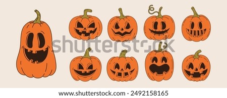 Set of Halloween retro pumpkin in groovy style. Funny orange pumpkin with smile. Vector illustration.