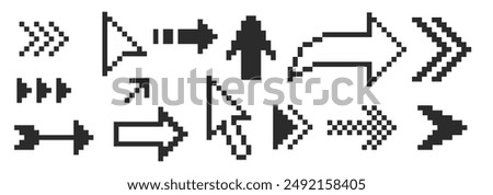 A set of pixel arrows, a double arrow, a mouse pointer. 8-bit pointers for game assets. Vector illustration.
