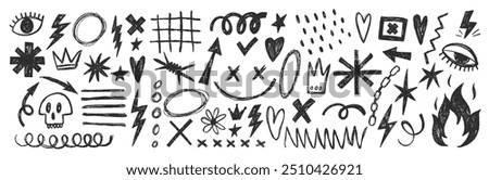 Grange punk elements with chalk or crayon texture. Hand drawn graffiti shapes. Doodle vector illustration.