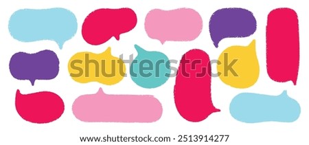 Set of crayon comic frames in hand drawn style. Speech bubbles with crayon texture. Cartoon children vector illustration.