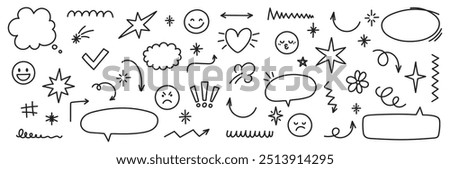 Hand drawn comic speech bubble, highlights, heart, exclamation, arrows, stars and emoji. Sketch vector illustration. Editable stroke.