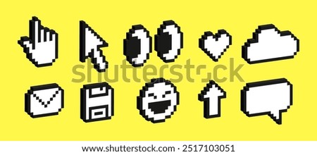 Set of 3d pixel art icons of emoji, arrow, cloud, eye, heart, email. Pack of pixelated emoji icons. 8-bit retro vector illustration of emoticons.