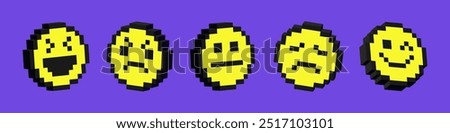 Set of 3d smile icons. Pack of pixelated emoji icons. Emoticons pixel art. 8-bit retro vector illustration.