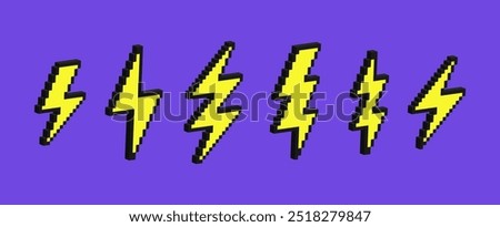 Set of lightning bolt, thunder, electric or weather icon in pixel art style. 3d retro vector illustration.