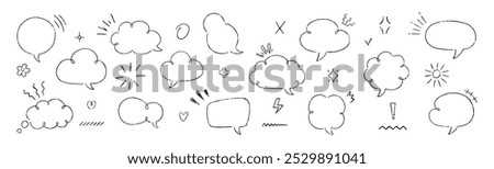 Set of hand drawn crayon, charcoal, chalk speech bubbles. Outline text boxes with emphasis. Japan handwritten illustration on a white background.