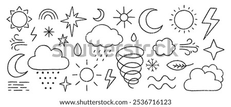 Collection of weather symbols with crayon, chalk and pastel texture. Vector illustration of rain, storm, sun, star, lightning on a white background.