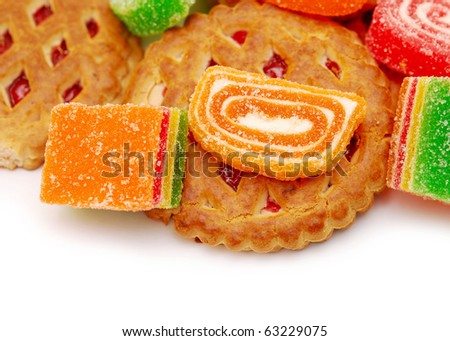 colorful jelly in sugar and biscuits isolated on white