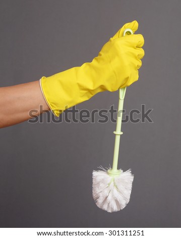 A gloved hand holding a clean toilet brush