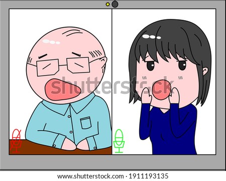 Vector image of adult daughter talking to her elderly father with a video call, he is talking but has his microphone off and she is trying to tell him. View is of the two of them on a laptop screen.