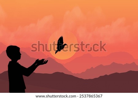 A child releasing a bird at sunset vector art, symbolizing freedom, hope, and new beginnings. Set against a serene mountain landscape with warm orange hues, themes of liberation and peace.