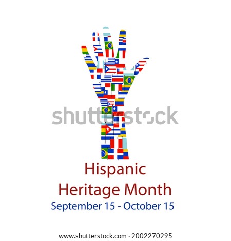 Different Flags of America on silhouette people hand. 
Cultural and ethnic diversity. National Hispanic Heritage Month.