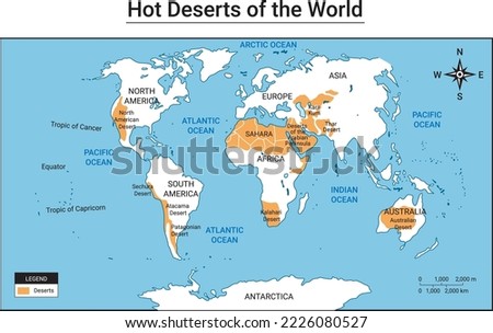 Map of Hot Deserts in the World like the Sahara Desert, Namib, Gobi, Atacama, Thar Desert, Patagonian, and Great Basin Desert, Kalahari, Vector illustration