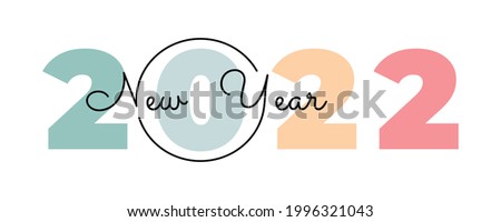 Vector black and white lines lying on multicolored numbers 2022 for poster, brochure, banner, ticket. Numbers and handwritten letters isolated on white background. Happy new year 2022.