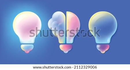 Bright multi-colored 3D light bulb half brain with highlights. Idea or solution concept. Vector glowing volume lamp and off. Multicolored gradient on a blue background.