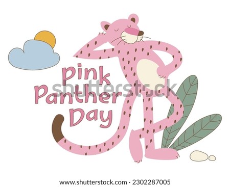 Cute Relaxed pink panther with leaves, cloud and sun. Card or banner for holiday. Illustration in the retro grovvy style of the 70s. Wild animals in a vector. Big cat with closed eyes