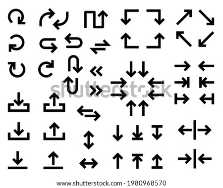 Black arrow web icons big set with rounded corners. Download and upload vector arrow icons. Big collection for web design. Next and previous left and right item arrows. Up and down pointer pictograms.