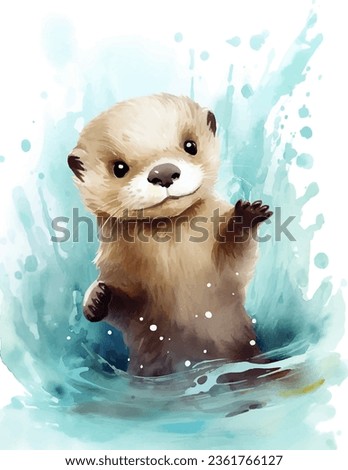 Cute otter in water vector illustration in watercolor style.