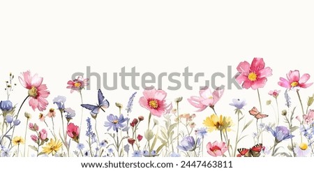 Watercolor style wildflowers, field of flowers with butterflies, long decorative border isolated on a clear background, vector illustration.